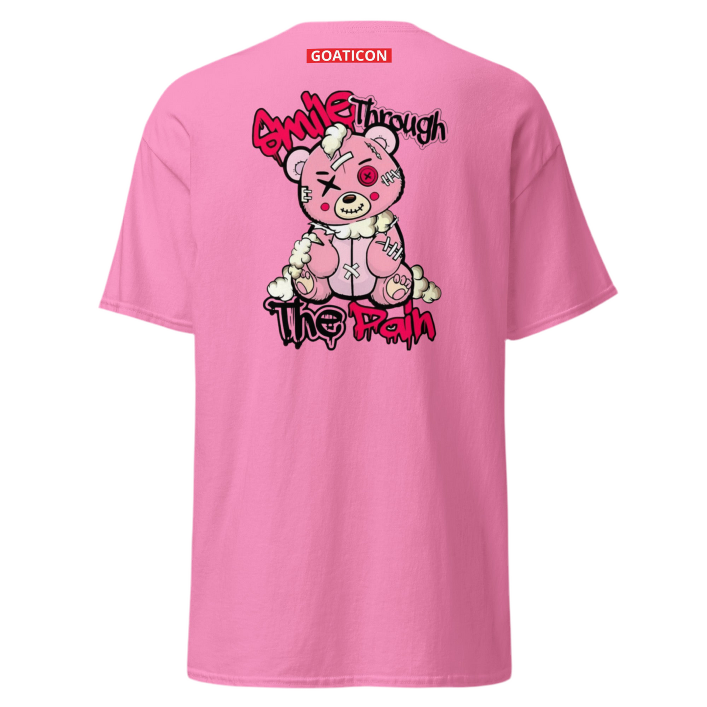 GOATICON ‘Smile Through the Pain’ Pink Teddy Graphic T-Shirt – Cute & Edgy Streetwear