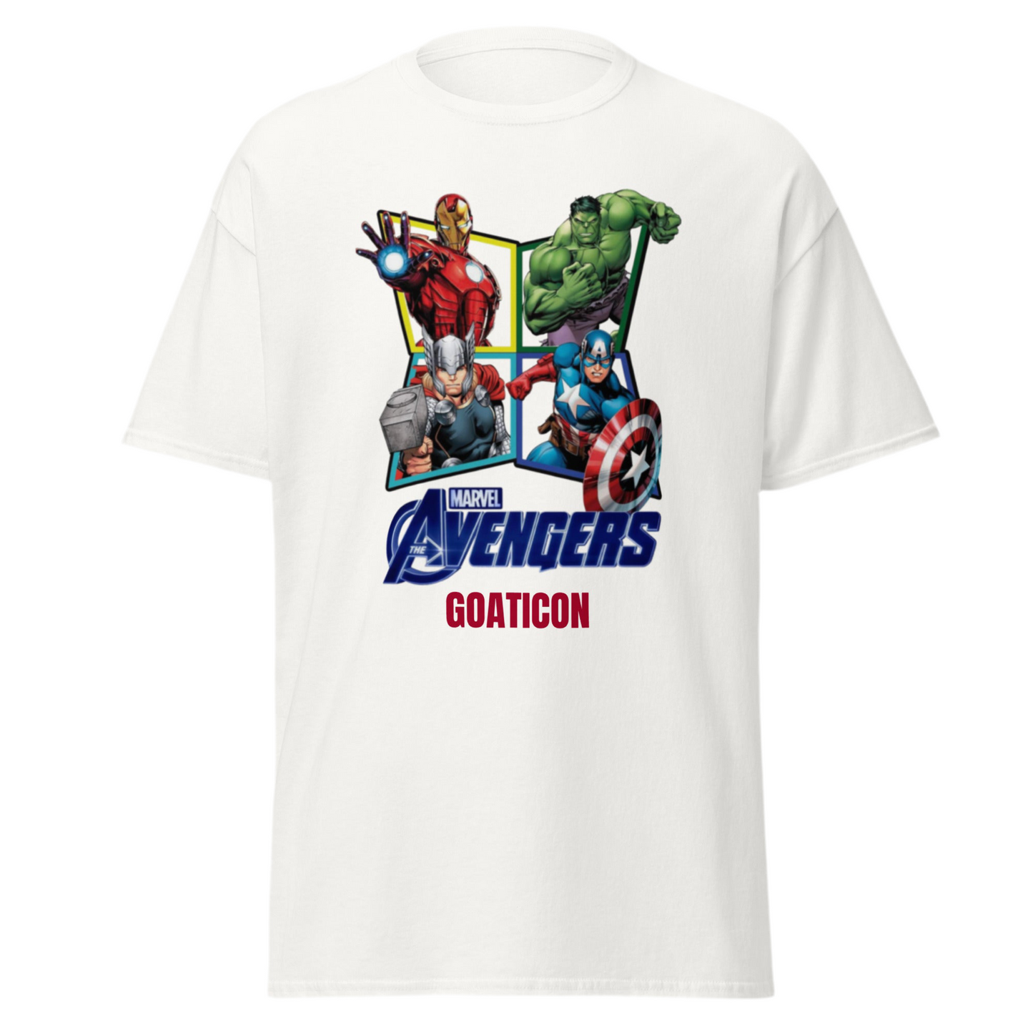 Marvel Avengers GOATICON T-Shirt – Superhero Graphic Tee Featuring Iron Man, Hulk, Thor & Captain America