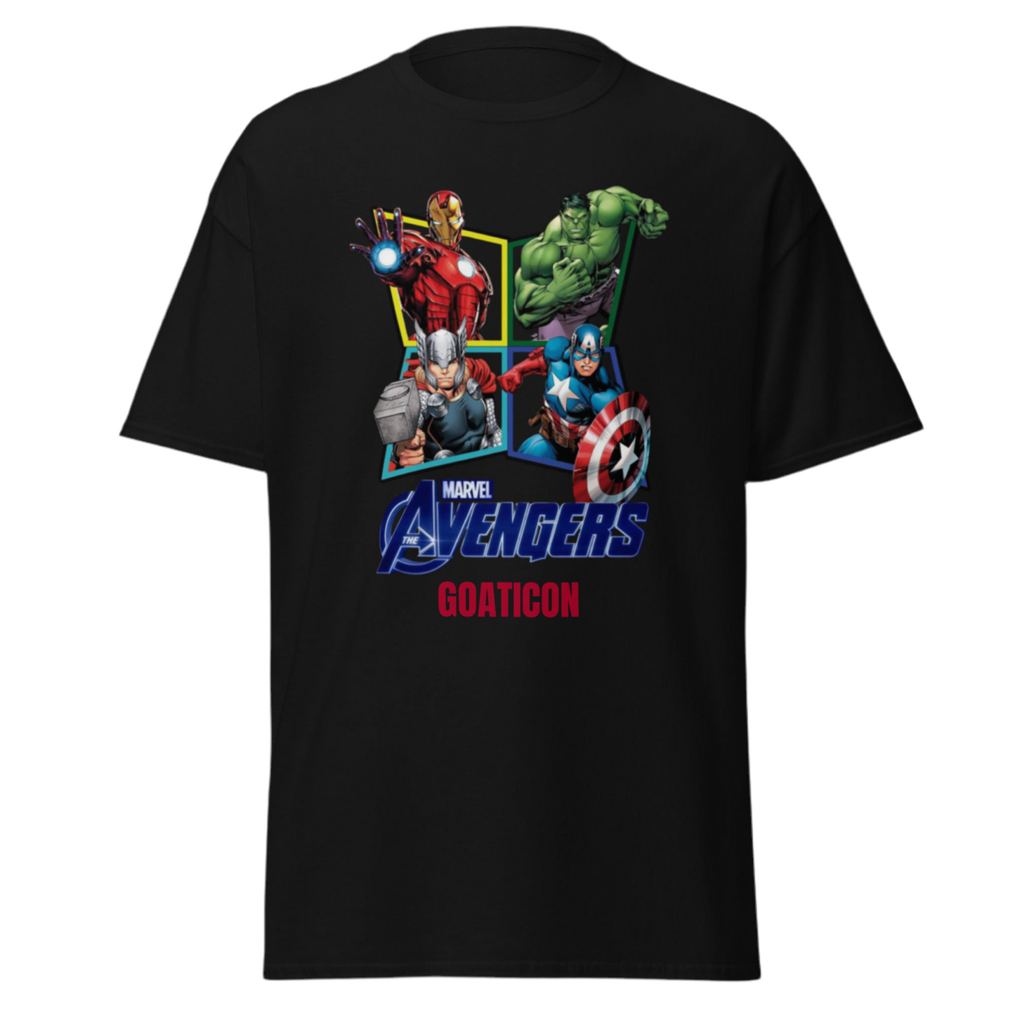 Marvel Avengers GOATICON T-Shirt – Superhero Graphic Tee Featuring Iron Man, Hulk, Thor & Captain America